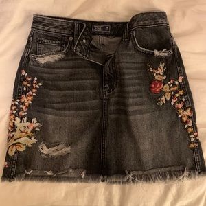 A&F Distressed Floral Embroidered Denim Skirt